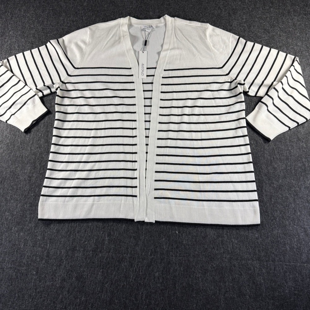 Chicos Stripe SR Topper Cardigan Sweater Ecru White Black Size 3 XL New